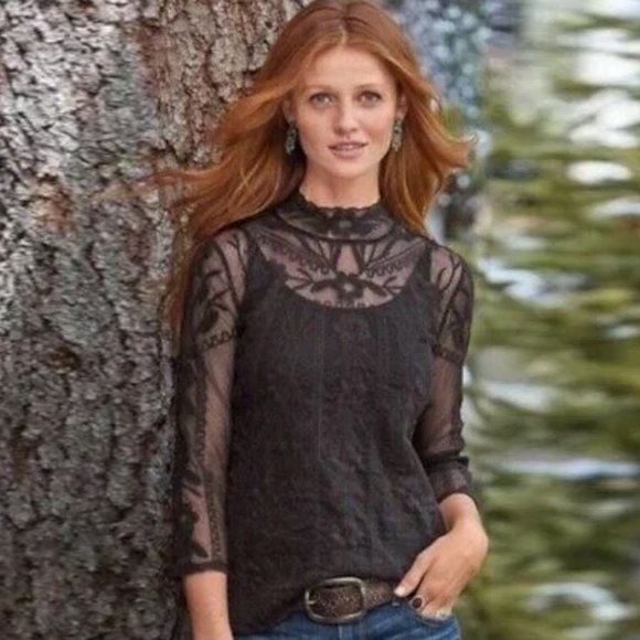 Sundance Tops Sundance Black Sheer High Neck Long Sleeve Floral